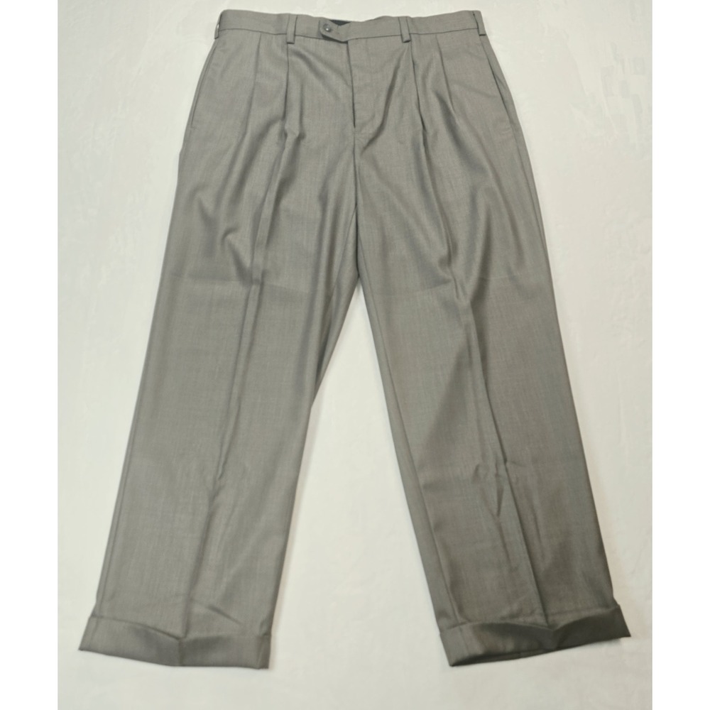Axist Essentials Mens Pleated Dress Pants Gray 38x30 Super 100s Hi-Twist Cuffed
